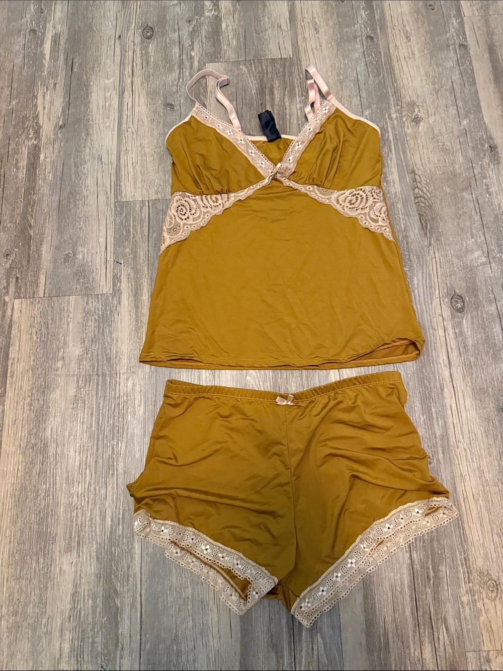 Lace-Trim Camisole and Short Sleep Set - Mustard